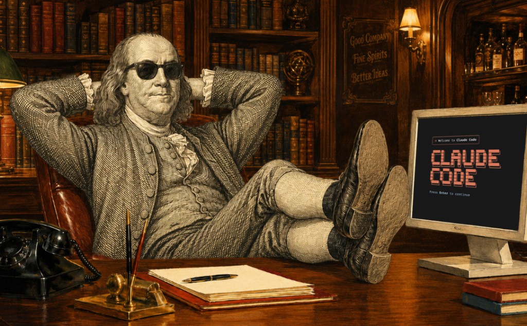 An anachronistic illustration of Benjamin Franklin wearing sunglasses, reclining with his feet up on a desk in a classic library. A computer monitor on the desk displays CLAUDE CODE in a retro orange font.